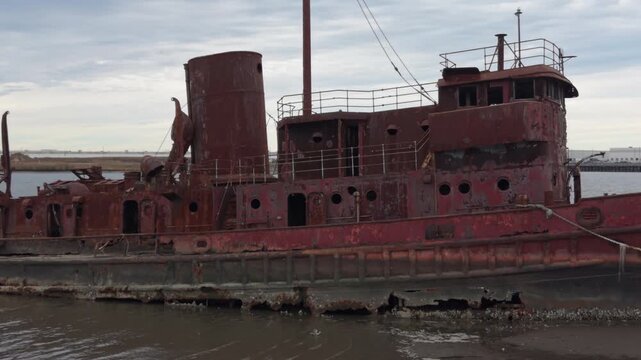closer flying right view of decaying boats in Staten Island Boat Graveyard