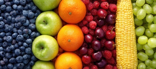 Colorful array of fresh fruits and vegetables arranged in rows.