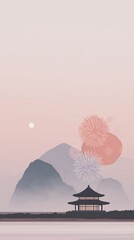 Creative holiday - Serene Landscape with Fireworks Over Traditional Asian Pavilion at Sunset - festive composition