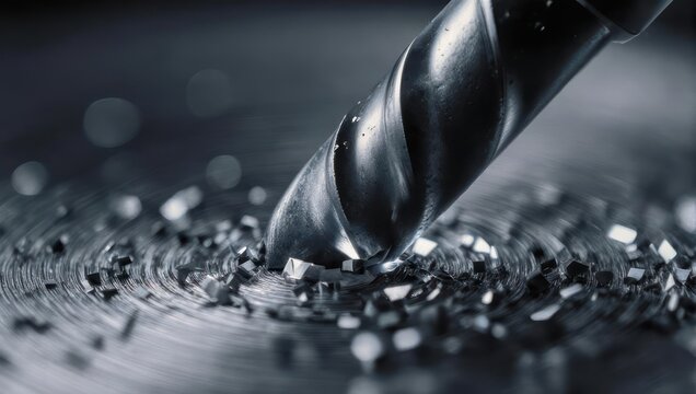Close-up of a drill bit boring into metal with shavings.