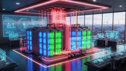 A futuristic supercomputer in a high-tech control room processing big data for a renewable energy grid - Powered by Adobe
