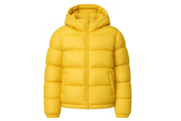 Yellow hooded puffer jacket with a zipper, warm outerwear for winter seasons, insulated clothing for cold weather