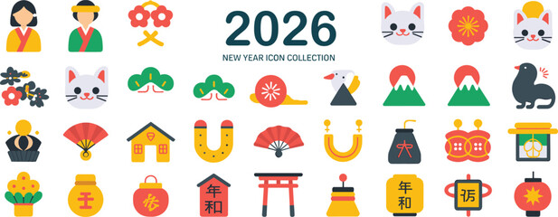 Fototapeta premium Colorful Japanese New Year 2026 icon collection with traditional symbols, festive decorations, cultural celebration design elements