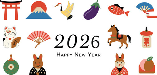 Colorful Japanese New Year 2026 illustration with traditional icons, cultural symbols, festive design elements, holiday greeting artwork