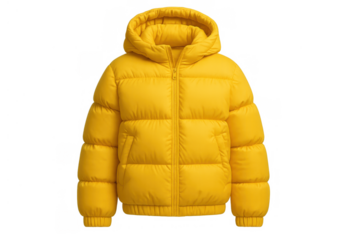 Yellow hooded puffer jacket for cold weather fashion, featuring a warm and cozy design on transparent background
