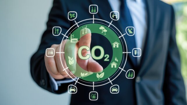 Businessman interacts with digital display showing carbon dioxide emission reduction diagram