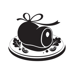 Black Silhouette of Roast Meat Dinner Inside a Heart with a Ribbon Bow. 