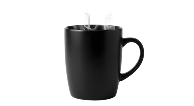 Black coffee mug with steam drink beverage caffeine hot cup morning refreshment aroma isolated background on transparent background - Powered by Adobe