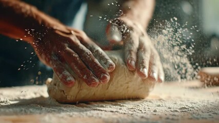 Close-up of a baker's strong hands kneading fresh dough on a wooden table, with flour dusting the surface. Artisanal bread making process.