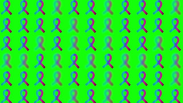 seamless pattern with teal pink blue thyroid cancer awareness month glossy satin ribbon sign symbol geometric motif background, animated ribbon bow random blurred popup video green screen backdrop bg