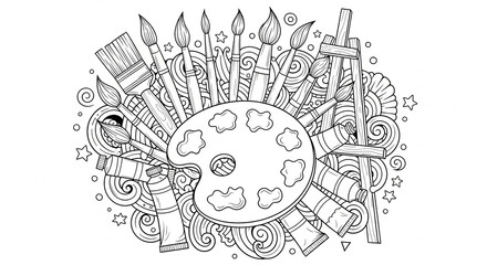Obraz premium Black and white illustration of art supplies including brushes, palette, easel, and paint tubes.