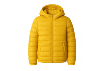 Yellow hooded puffer jacket for men or women featuring a zipper, pockets, and a warm, lightweight design against a transparent background