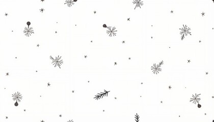 Minimalistic Christmas background with black floral elements and stars on soft white backdrop
