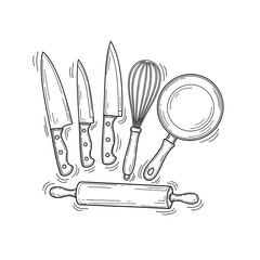 A hand-drawn sketch illustration of various kitchen utensils including knives, a whisk, a frying pan, and a rolling pin.