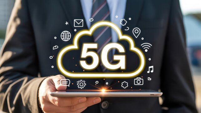 Business professional displays glowing digital fifth generation network cloud connection floating above a handheld device