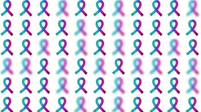 seamless pattern with teal pink blue thyroid cancer awareness month glossy satin ribbon sign symbol geometric motif background, animated ribbon bow random blurred popup video motion graphics white bg - Powered by Adobe