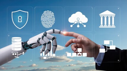 Human and robotic fingers touch to initiate interaction with digital technology icons representing security and finance against a blue sky