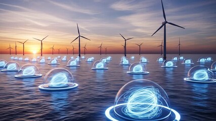 Conceptual offshore wind farm combined with futuristic spherical energy storage technology on the sea during a vibrant sunset - Powered by Adobe