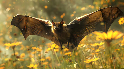 Brown Bat in Flight Over Yellow Flowers