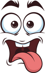 Funny cartoon face with wide eyes and hanging tongue, crazy shocked expression vector illustration, goofy character emoticon for humor sticker design.