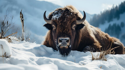 Brown Bison Resting in Snowy Mountain Landscape
