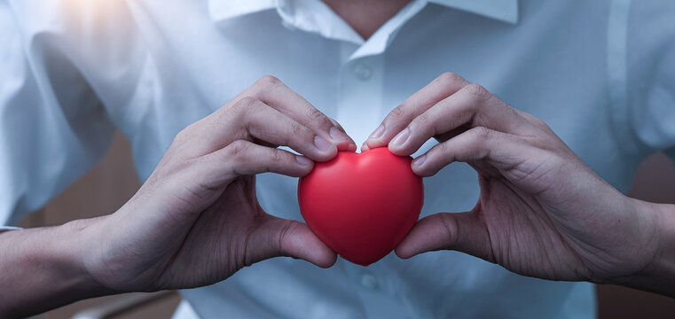 Caring new employee at small business holding red heart showing dedication and kindness for company new vision