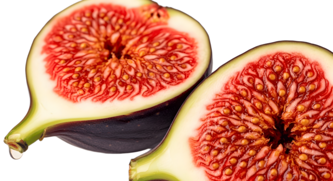 Fresh fig fruit figs healthy food sweet ripe delicious halves cut closeup macro vibrant texture detail on transparent background