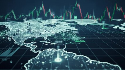 A dynamic visualization of global financial markets with a holographic world map and real-time stock trading data analysis - Powered by Adobe