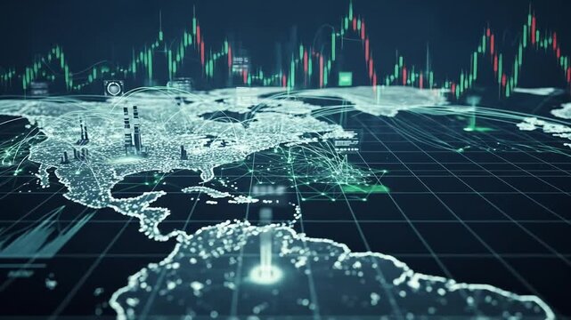 A dynamic visualization of global financial markets with a holographic world map and real-time stock trading data analysis