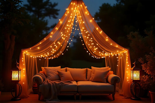 Cozy outdoor seating area illuminated by warm fairy lights at dusk