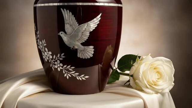 A dignified and serene composition featuring a rich, dark red commemorative urn, elegantly adorned with a pristine white dove and delicate floral motif. A tender white rose with lush green leaves rest