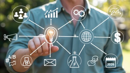 Business professional interacts with a glowing digital network diagram showcasing various strategic concepts outdoors