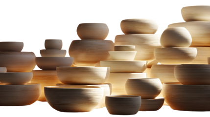 Stack of handmade wooden bowls isolated on transparent background, showcasing craftsmanship and natural materials