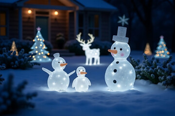 Illuminated snowman and penguin christmas decorations in snowy yard at night