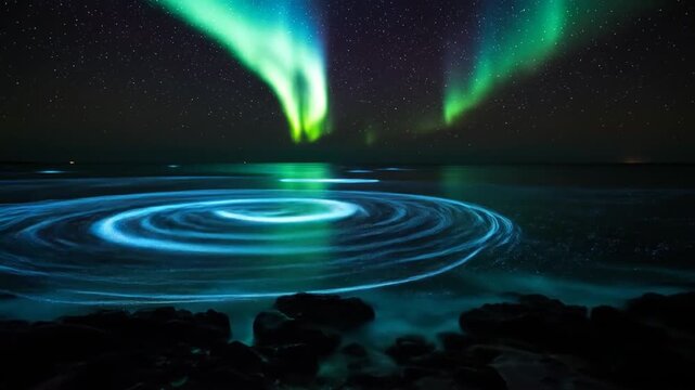 A surreal cosmic dance of green aurora borealis and a glowing blue bioluminescent whirlpool in the ocean