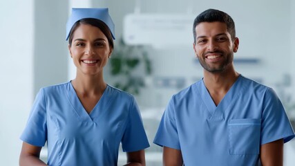 Two diverse medical professionals wearing blue scrubs are smiling confidently at the camera, conveying trust and dedication to patient care within a modern healthcare environment - Powered by Adobe
