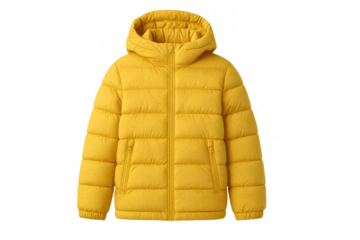 Yellow puffer jacket with hood representing warmth, winter fashion, and comfortable outerwear for cold weather