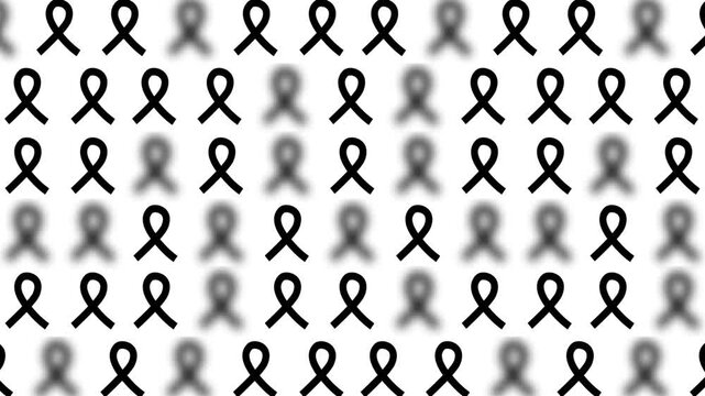 seamless pattern with skin cancer awareness month glossy satin black ribbon sign symbol geometric motif backdrop, black skin cancer animated ribbon bow random blurred popup video white background