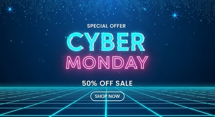 Cyber monday special offer sale banner with neon text on dark background