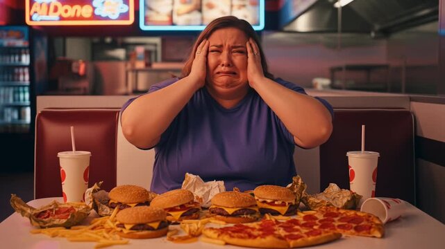 A frustrated, overweight woman sits at the dining room table, surrounded by an abundance of unhealthy food. She looks dejected and cries