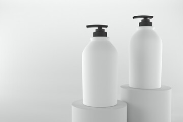 Minimalist white cosmetic product mockups on podiums, perfect for skincare branding and beauty campaigns