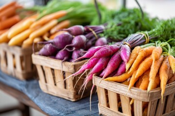 Fresh colorful carrots including purple and orange varieties are displayed for sale in small wooden baskets at an outdoor market.