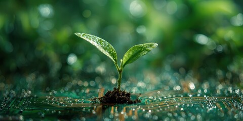 Green sprout growing on a computer circuit board, symbolizing technology and nature.