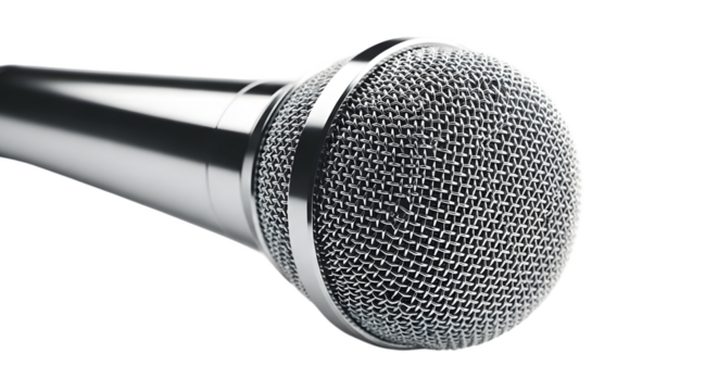 Silver microphone equipment audio sound music voice karaoke recording podcasting broadcasting singing tool on transparent background