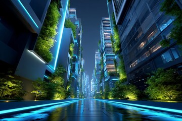 A futuristic city street glows with blue light beside tall buildings featuring vertical gardens at night.