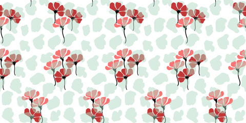 Seamless hand drawn red floral pattern with leopard print background. Suitable for fabric, banner, seamless background.