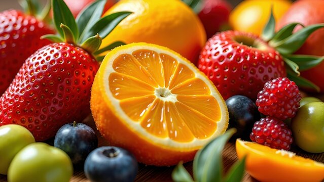Fresh Assorted Fruits Including Orange, Strawberries, and Berries - Powered by Adobe
