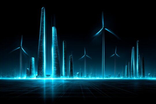Futuristic city skyline glows bright blue with tall buildings and spinning wind turbines against a dark night.