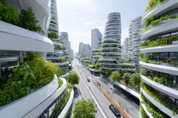 Futuristic white buildings feature many curved balconies filled with lush green plants overlooking a modern city road.