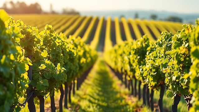 terroir. Vineyard rows stretching under natural sunlight, creating a serene and picturesque landscape. travel magazines, destination branding, designed for outdoor magazines and nature guides.
